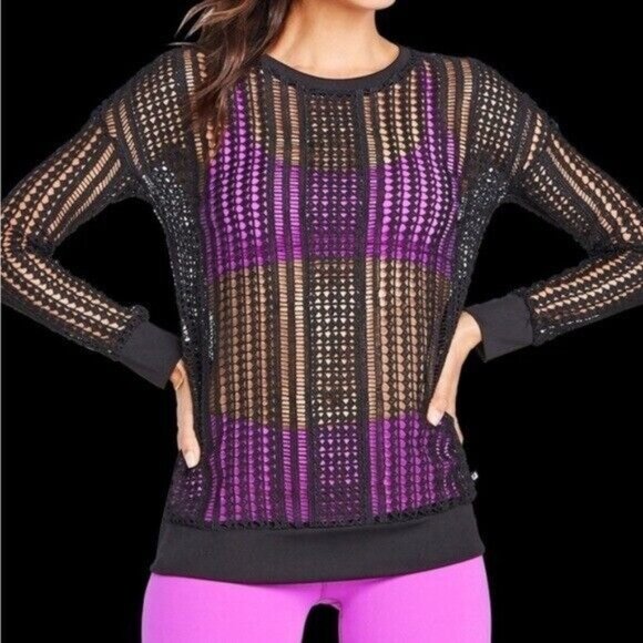 Fabletics Tops - Fabletics Sophie Black Open Knit Crochet Long Sleeve Pullover Top Sz Medium